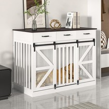 2-in-1 Farmhouse Dog Crate Furniture Wooden Large Kennel with Drawers Storage