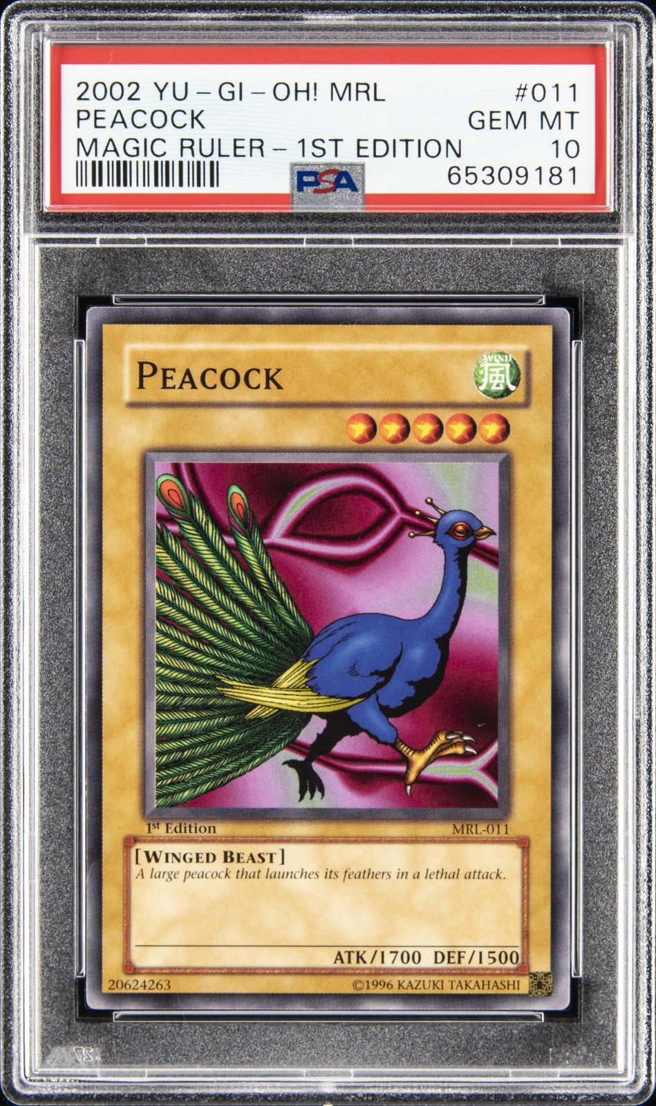 2002 YU-GI-OH! MRL-MAGIC RULER 1ST ED #011 PEACOCK PSA 10