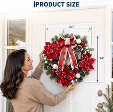 24 in Artificial Christmas Poinsettia Wreath Red Green White with Bow Decor