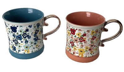 Set of 2 Oversized Floral Rose Gold Mugs Orly Maison NY 16 Oz Cottagecore NWOT