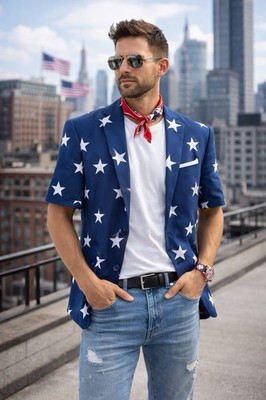 OppoSuits Navy Blue Blazer Jacket with White Stars Short Sleeve EU54 UK44 USA44