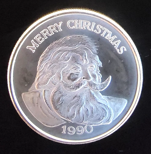 1990 Merry Christmas Santa Wreath Robin Rare Vtg Bullion-0.999 Silver 1 Oz Coin