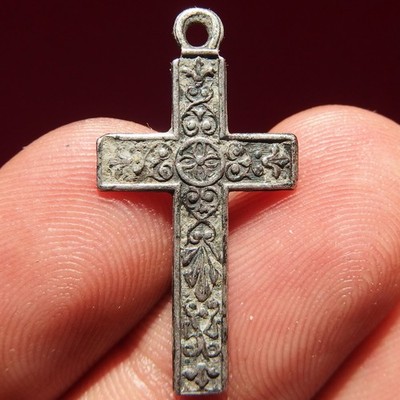 1800s SPANISH PECTORAL CROSS OLD RELIGIOUS CRUCIFIX WITH FLEUR DE LIS
