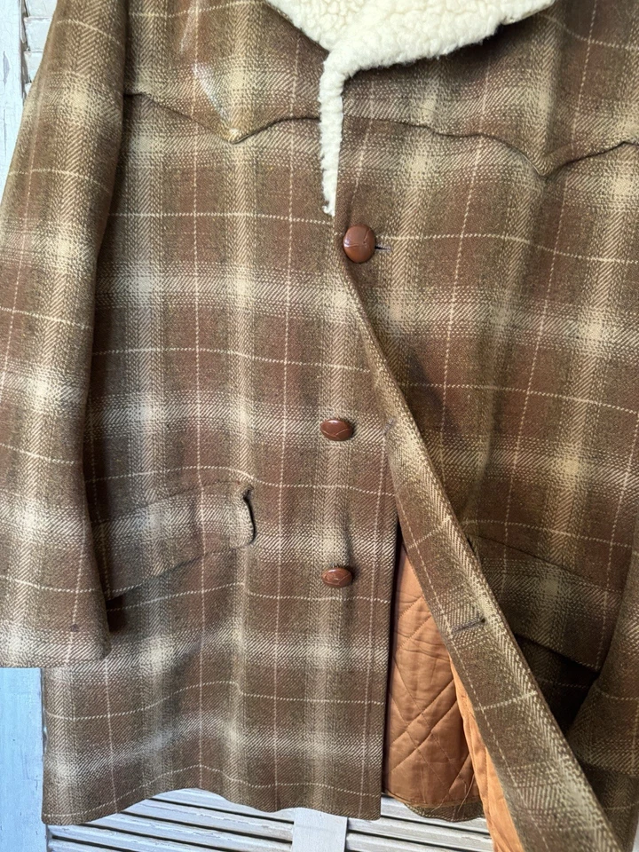 Jaqueta masculina Pendleton vintage lã sherpa anos 70 xadrez casaco sherpa Fargo Western GG - Imagem 3 de 4