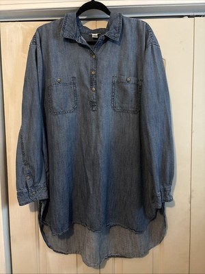 Caslon Women's Blue Chambray Tunic Size 2x Long Sleeve Button Up Tunic