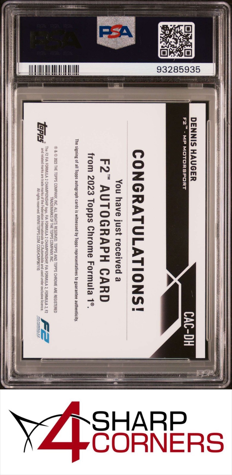 2023 TOPPS CHROME F1 ORANGE REFRACTOR AUTO #CACDH DENNIS HAUGER #/25 POP 2 PSA 9 view 2