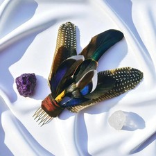 Quartz Point Feather Hair Comb - Statement Hair Piece, Feather Fascinator