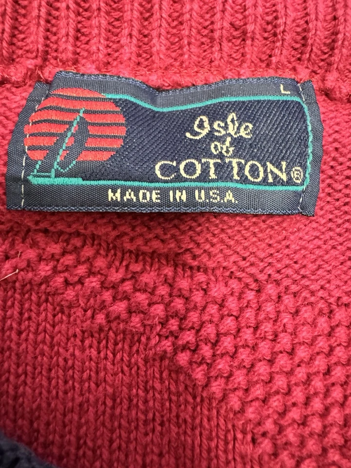 Винтажный мужской свитер для гольфа Isle of Cotton L красный жаккардовый вязаный вышитый гольфист США - Изображение 2 из 4