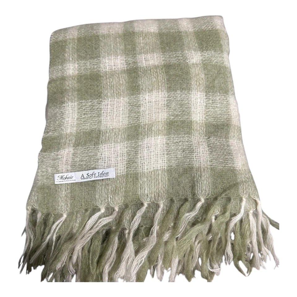 Manta de mohair y lana Throw A Soft Idea EE. UU. Flecos Verde Salvia Marfil Cuadros 72x58 Foto 2 de 4