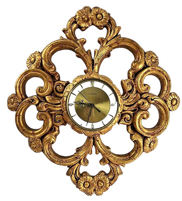 Vtg Overocean Wall Clock Ornate Large Heavy Plaster Gold Chippy Paint Finish