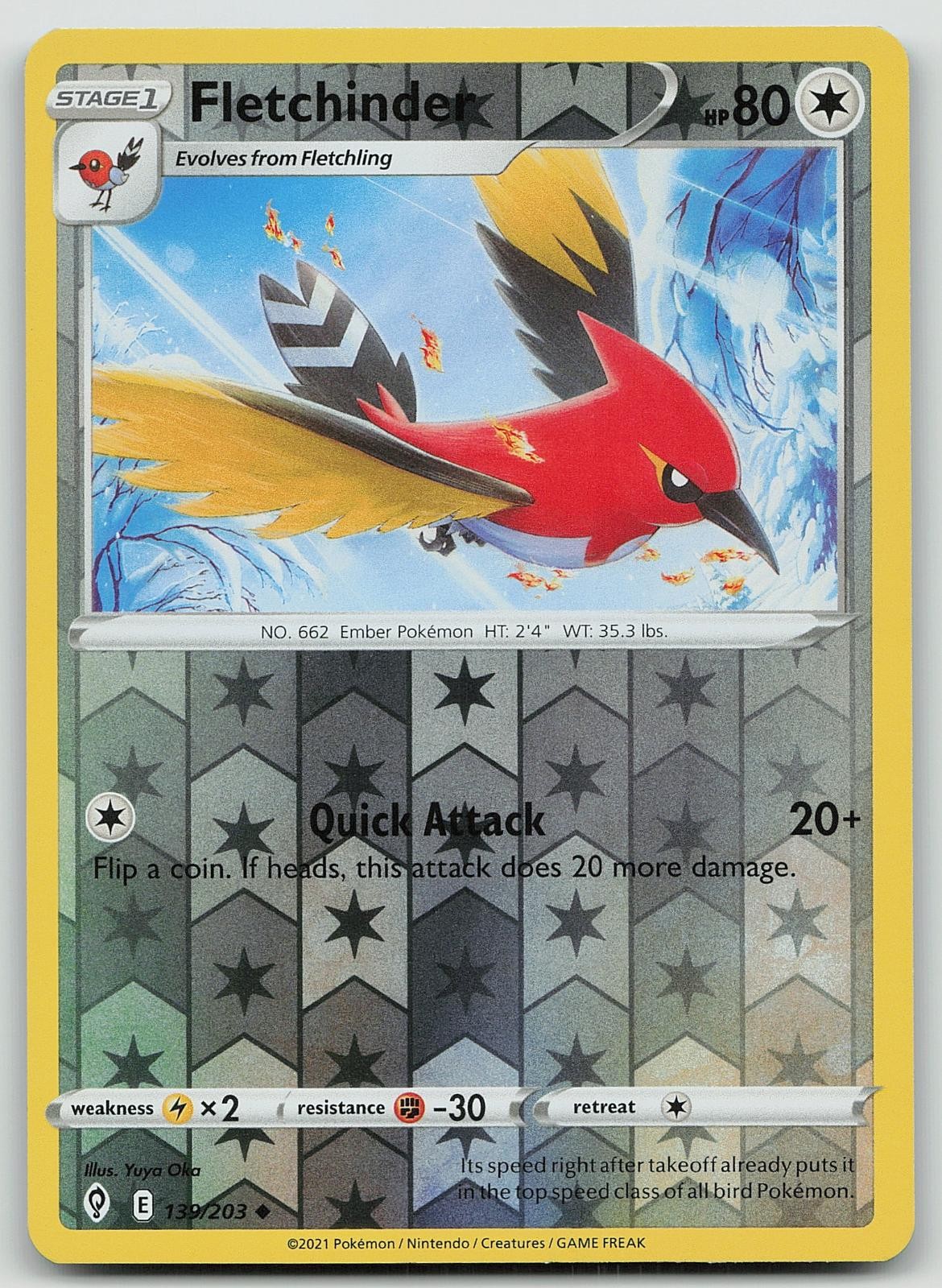 Pokemon Fletchinder 139/203 Evolving Skies Uncommon Reverse Holo NM