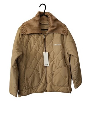 Firetrap Women s Quilted Jacket UK 10 Beige Padded Coat Ribbed Collar WarmCasual