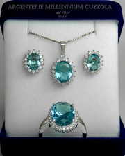 PARURE ARGENTO 925 ACQUAMARINA BRILLANTI ROD ORO. BIAN. COLLANA+ORECCHINI+ANELLO