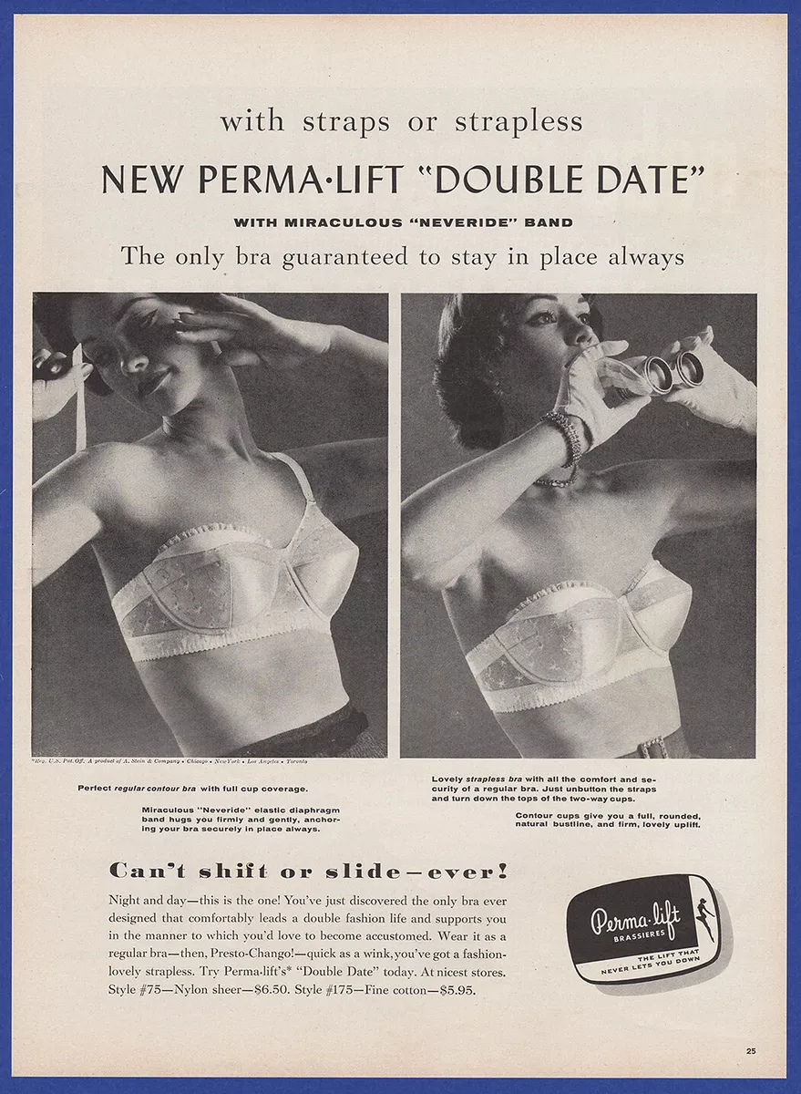 Vintage 1958 PERMA-LIFT Double Date Bra Lingerie Women's Fashion Print Ad  50's