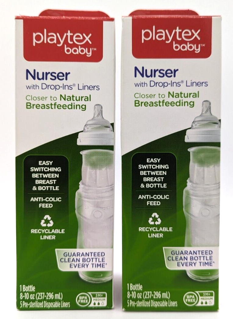 Playtex Nurser Bottles Natural Latch Nipple 8-10oz Drop-Ins Liners Lot of 2 New