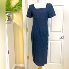 Vintage 80’ LIZ CLAIBORNE Navy Square neck embroidered midi pencil dress size 10