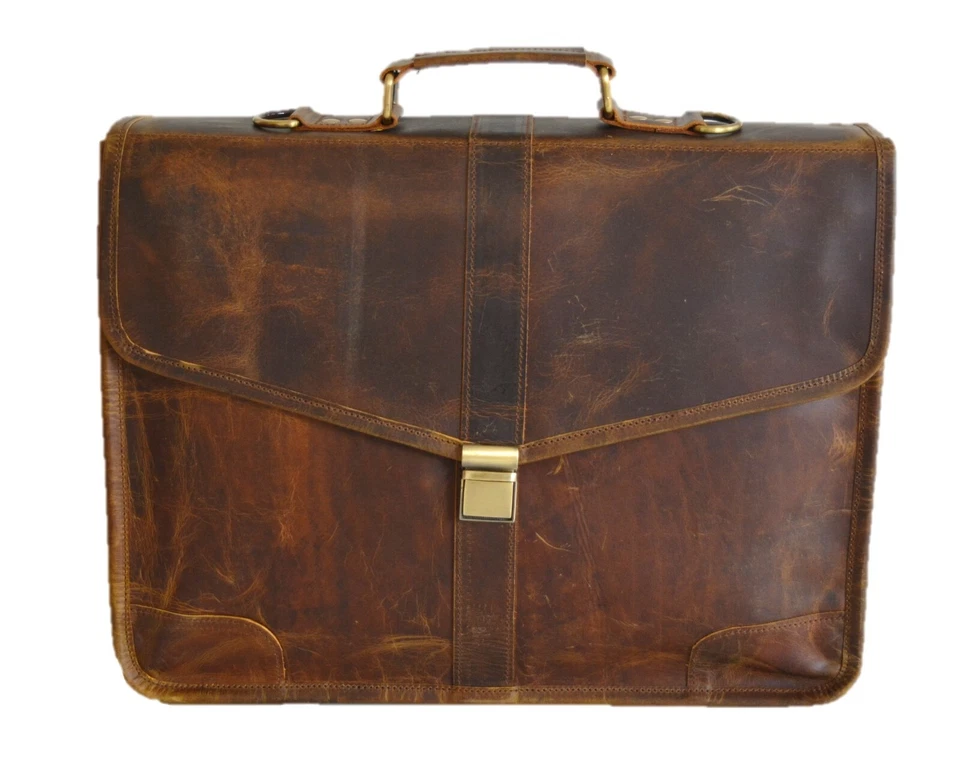 Bolso Maletín Oficina Bolso Hombre 16 Pulgadas Cuero Laptop Marrón Hecho a Mano Vintage Foto 2 de 4