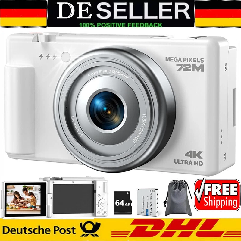 MARKENLOS 📸72MP Digitalkamera 4K Video Kompaktkamera 270° Flip-Bildschirm 18X Zoom &64GB