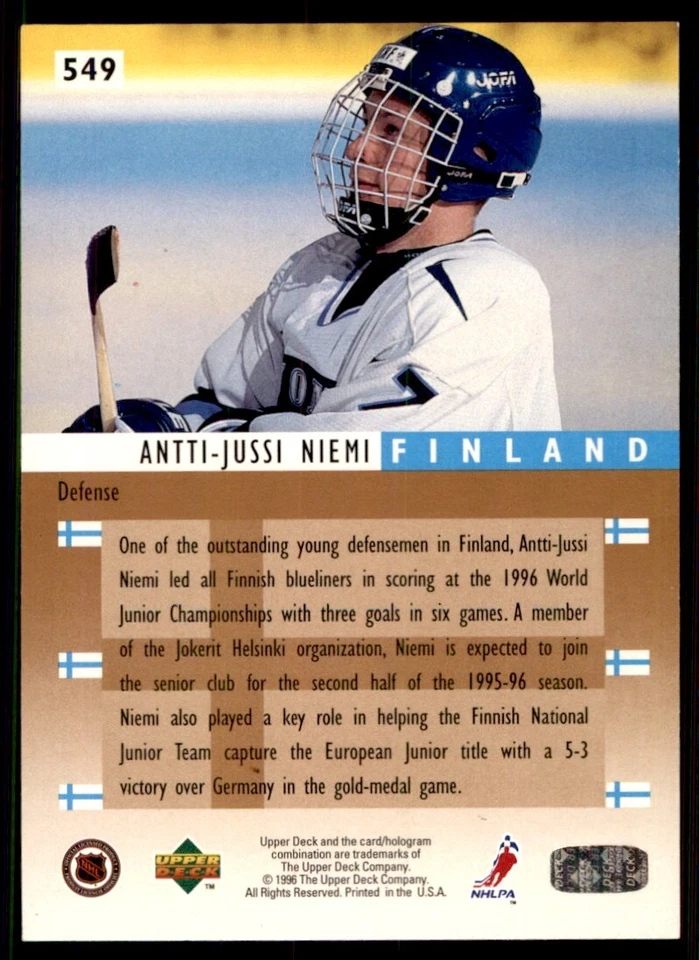 1995-96 Upper Deck Antti-Jussi Niemi Finland #549 - Image 2 of 2