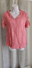 Women Contrast Lace V-Neck Short Sleeve Casual T-Shirt Size L NEW