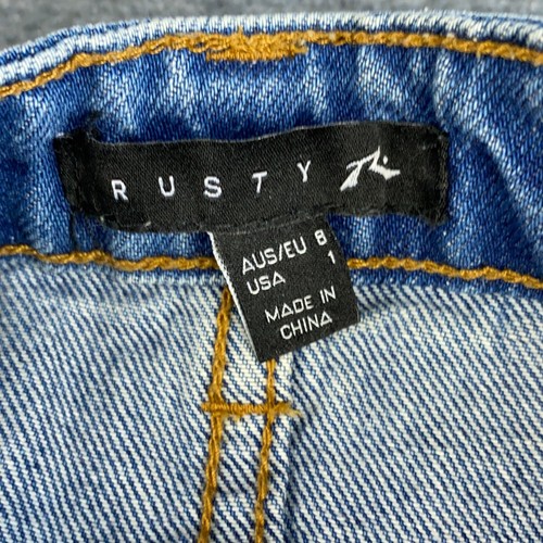 RUSTY Denim Skirt Womens Size 8 Blue Button Fly Distressed Wash Fade Denim Mini - Picture 4 of 11