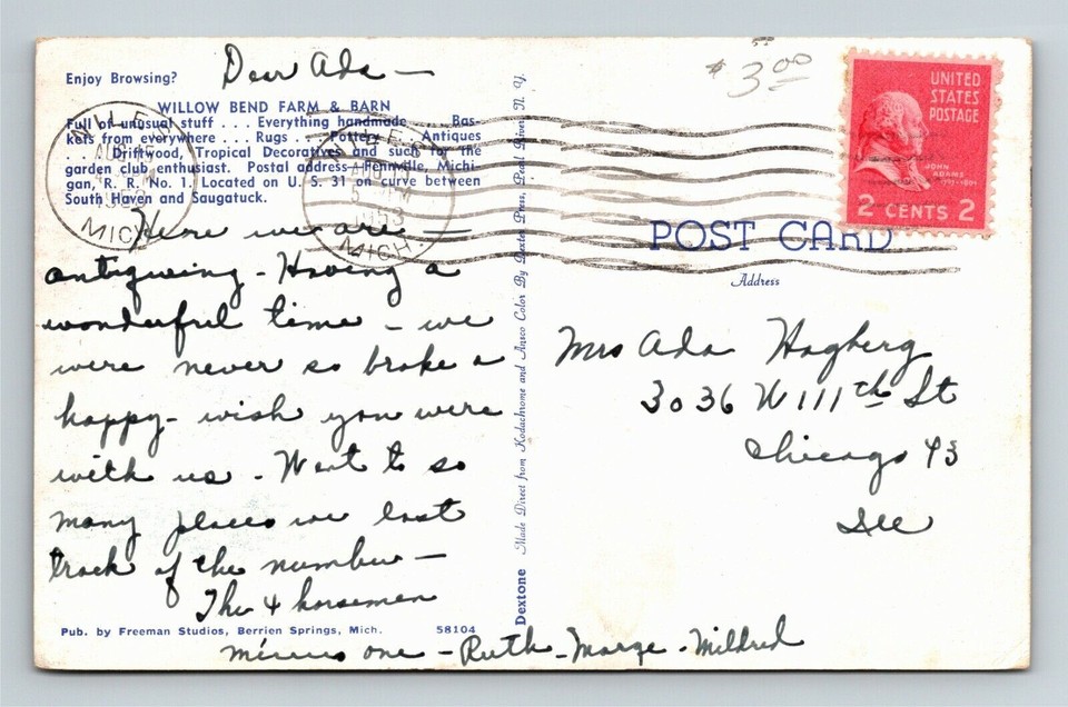 Fennville MI, Willow Bend Farm & Bend, Michigan c1953 Vintage Postcard