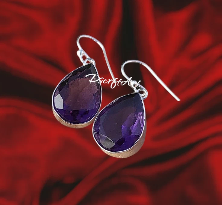 Pendiente colgante de piedras preciosas de pera amatista, pendiente hecho a mano de plata de ley 925 Foto 3 de 4