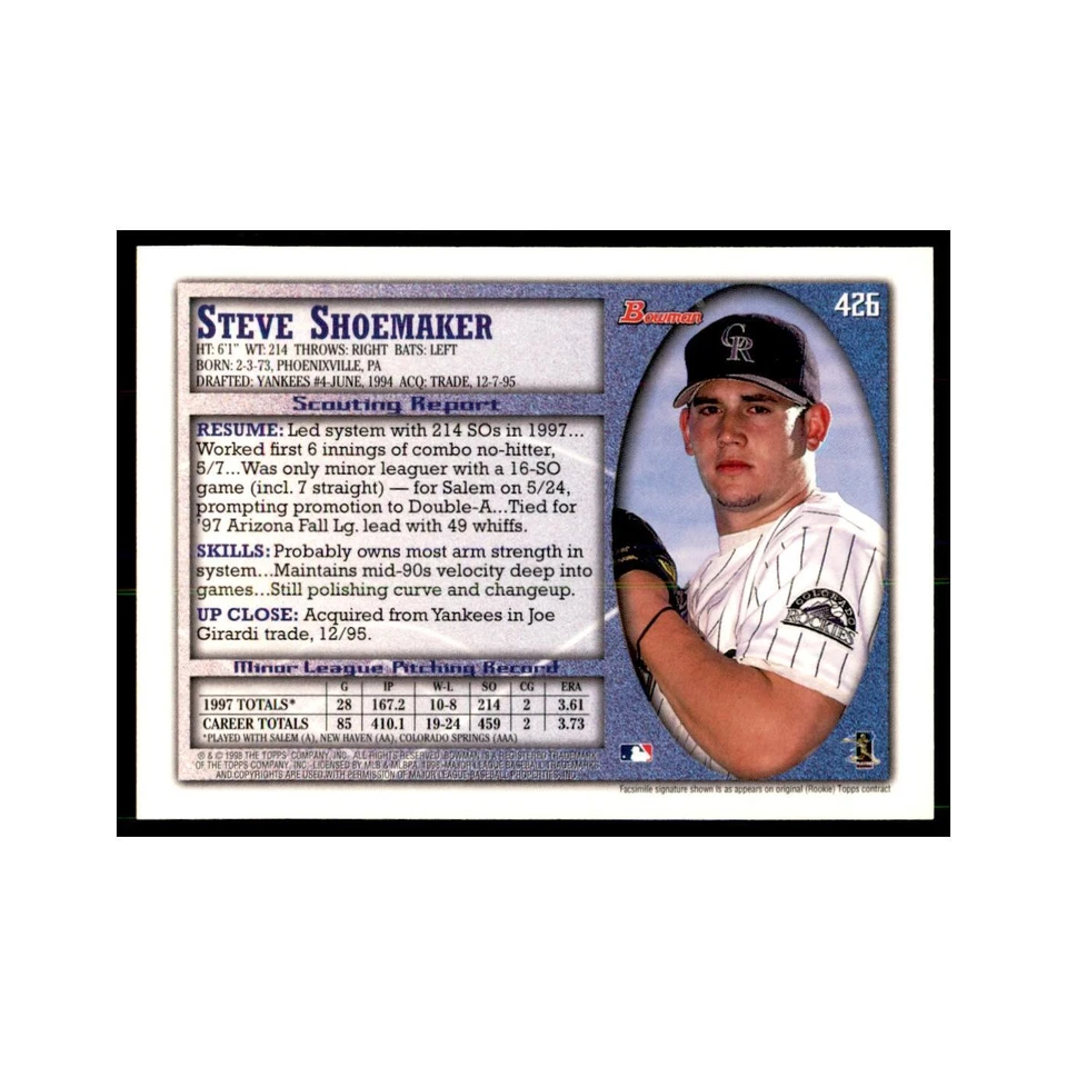 1998 Bowman Steve Shoemaker Baseball Cards #426 - Image 2 of 3