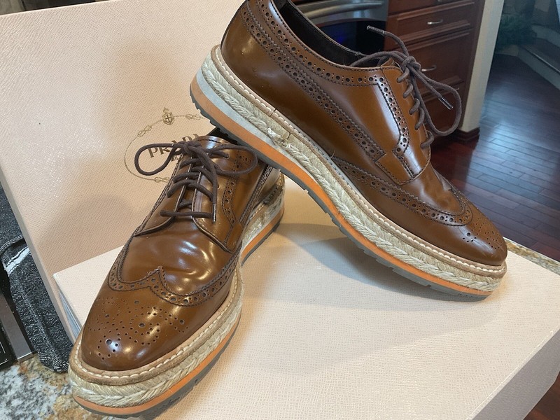 ✨Auth PRADA Wingtip Brogue TABACCO Leather Espadrille Platform Oxfords Size 39.5