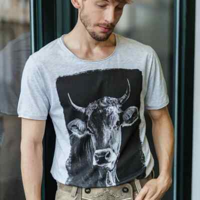 VRONIKAA Trachten T-Shirt Kuh Lotte Trachtenshirt grau melange Herren Gr. M L