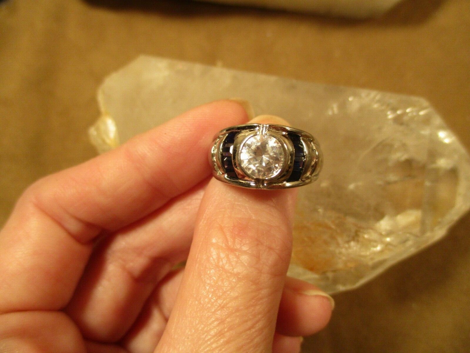 Rhodium Plated Sterling Silver CZ & Sapphire Ring, Size 7 eBay