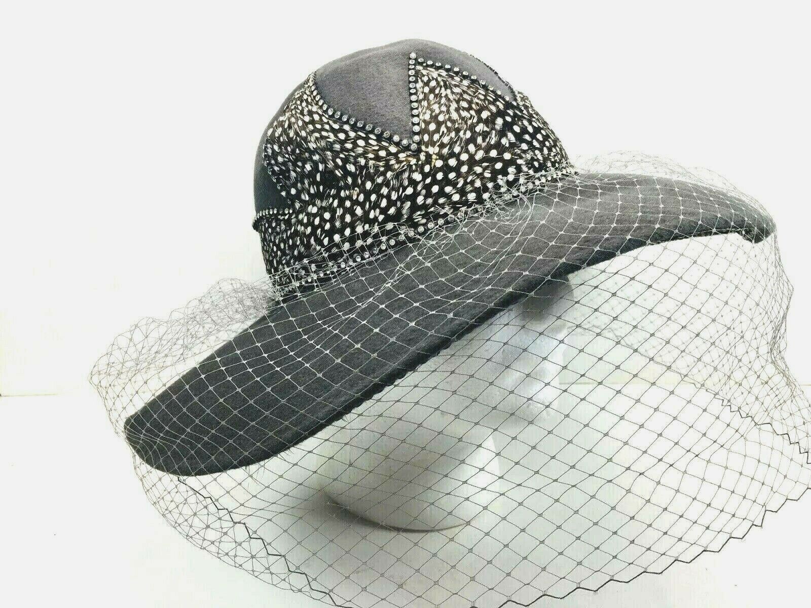 Vintage Jack McConnell Women’s Hat Gray Feathers Rhinestone Veil Red Feather