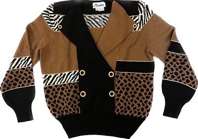 Ming Wang Toula Houndstooth Knit Sweater Cardigan Sz 10 Animal Print Black White