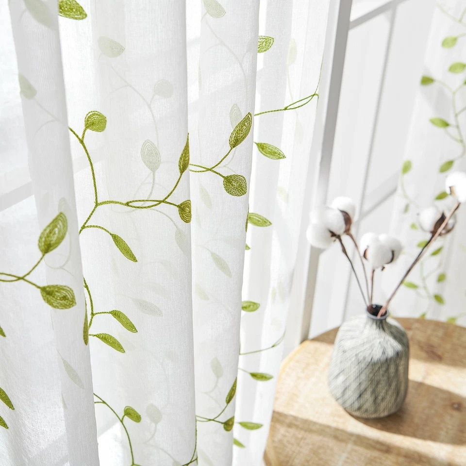 2 Paneles Transparente Bordado Hoja Cortina Voile Tul Ventana Cortina Varilla Bolsillo Foto 4 de 4