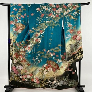 女人 日本和服振袖 丝绸 Kichou 蓝色 花 金箔 Ebay