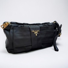 PRADA Pocono Nylon Black Pouch Ribbon Bow Authentic