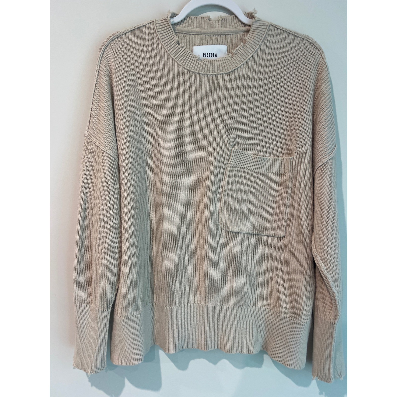 PISTOLA Oversized Knit Sweater Beige Pocket Long Sleeve Cotton Women's Size L
