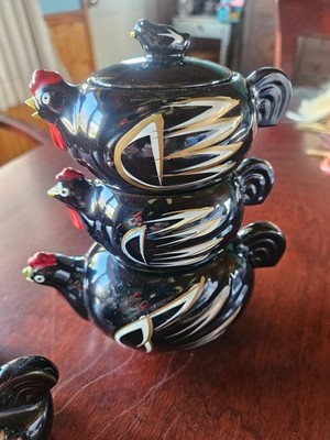 Vintage Japan PAC Ceramic Set Stacking Roosters Teapot Sugar