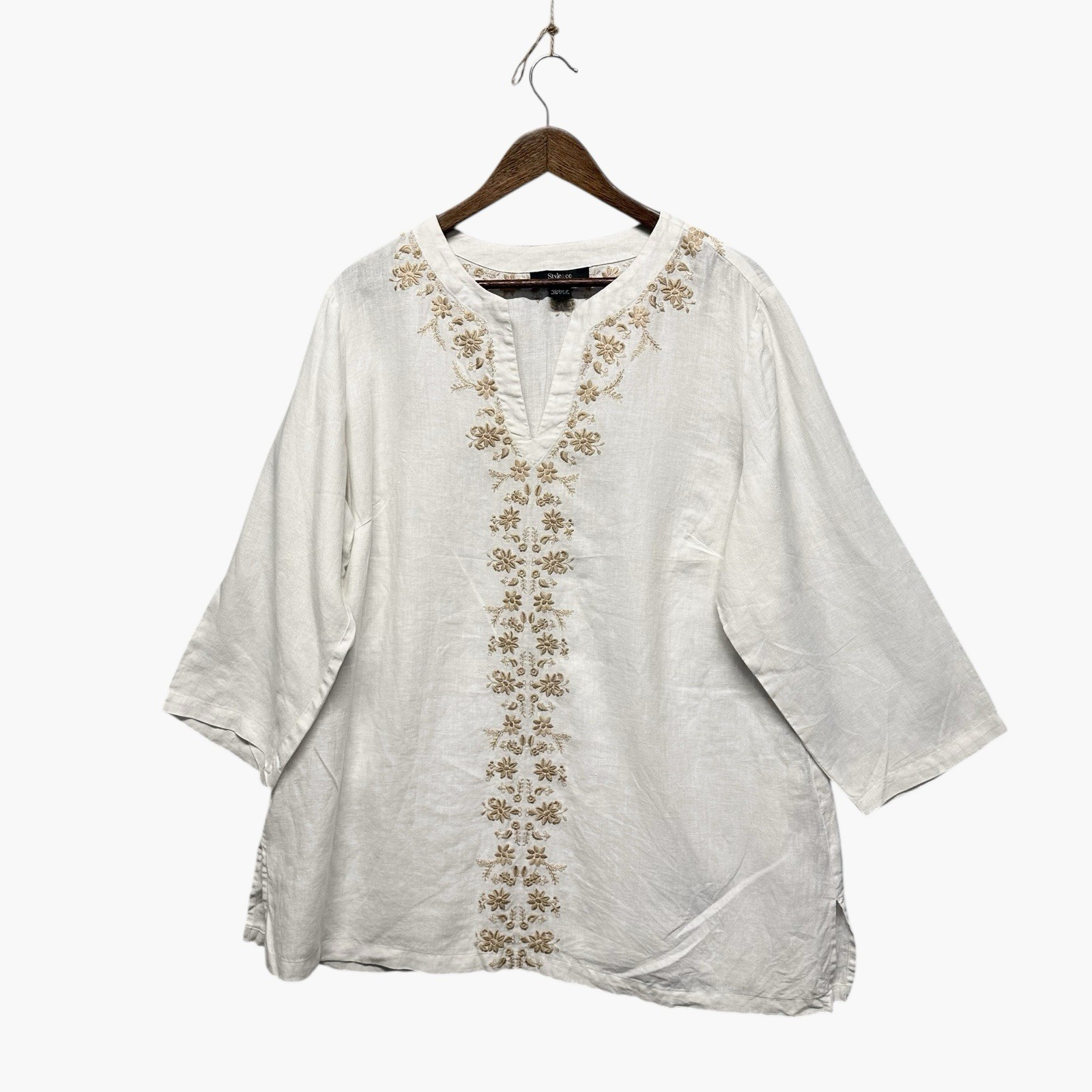 Women’s Size 20W White 100% Linen 3/4 Sleeve Tunic Top Blouse Floral Embroidery
