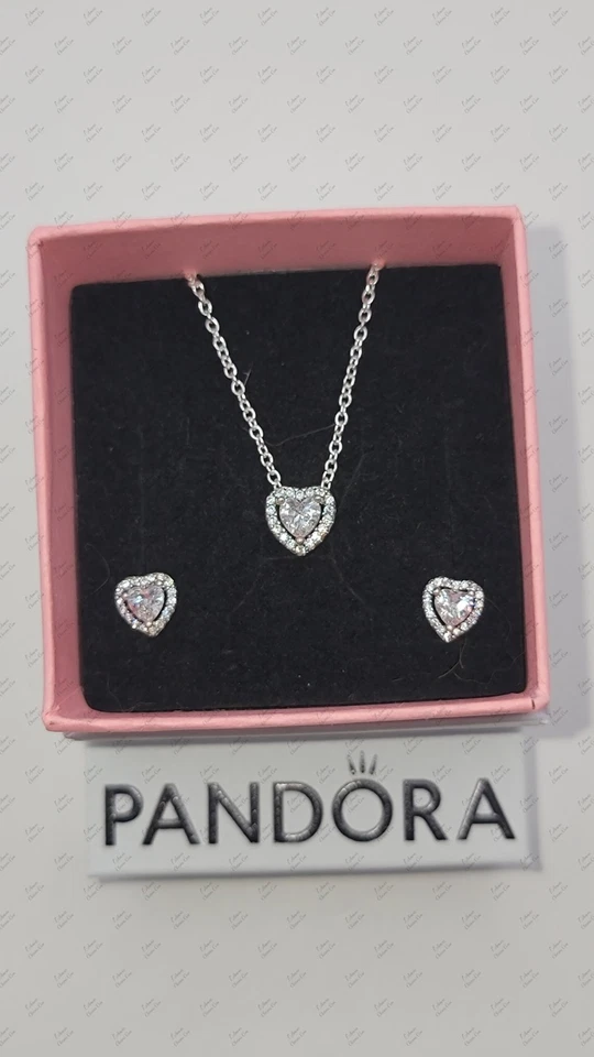 Genuino PANDORA Corazón Elevado Plata Collar y Pendientes Set de Regalo con Caja Foto 4 de 4