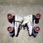 Hard Candy White Quad Roller Skates, Purple Laces, Orange Wheels, Blue Toe Stops — photo 3