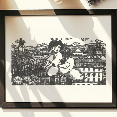 Hand Drawn (Not a Print) Kiki's Delivery Service Framed Pen & Ink Art Drawing