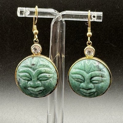 Vintage UTC 925 CN Gold Vermeil Carved Jade Face Earrings & Topaz Accent Stones