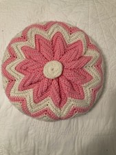 Vintage Round Pink And White Pillow, Crocheted With Yarn.