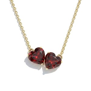 Authentic Garnet Double Heart Pendant Necklace in Yellow Gold, January Birthstone Jewelry