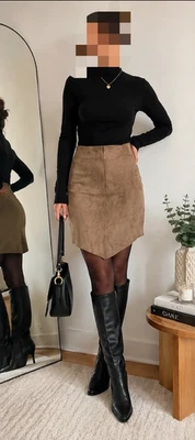 Jupe asymétrique JOSEPH en daim véritable - Taupe - T34/XS - Photo 1/4