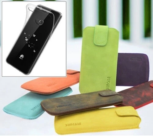 Suncase Set 3 In 1 Per Huawei P9 Lite: Cover In Pelle Con Linguetta + Custodia In Silicone Trasparente + Pellicola In Vetro Temperato