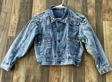Charm Junior Vintage Acid Wash Denim Embellished Jacket Blue size M