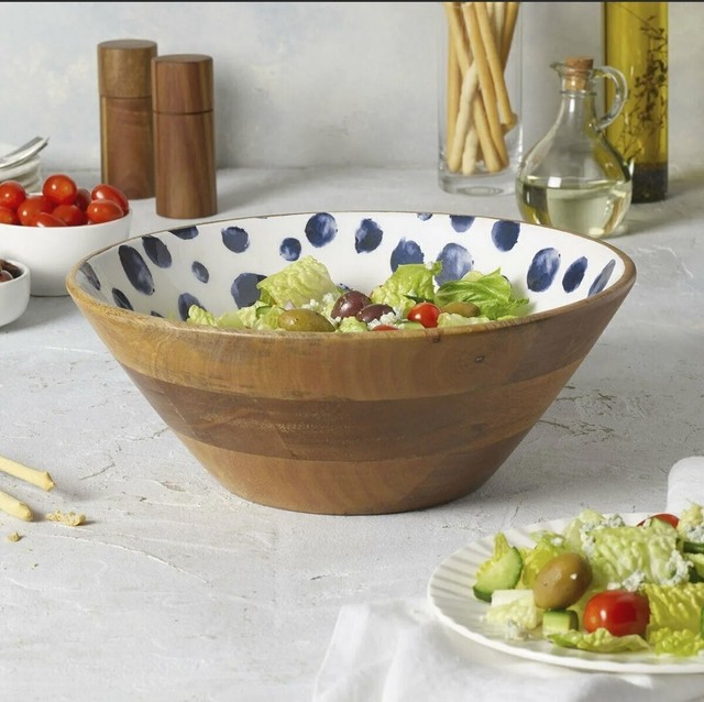 Mikasa Home Enamel & Mango Wood Salad Bowl in 2 patterns for sale
