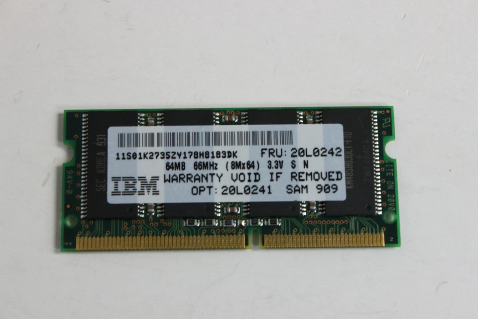 IBM 20L0242 20L0241 01K2735 64MB 144 PIN 66MHZ 3.3V SODIMM MEMORY MODULE - Image 3 of 3